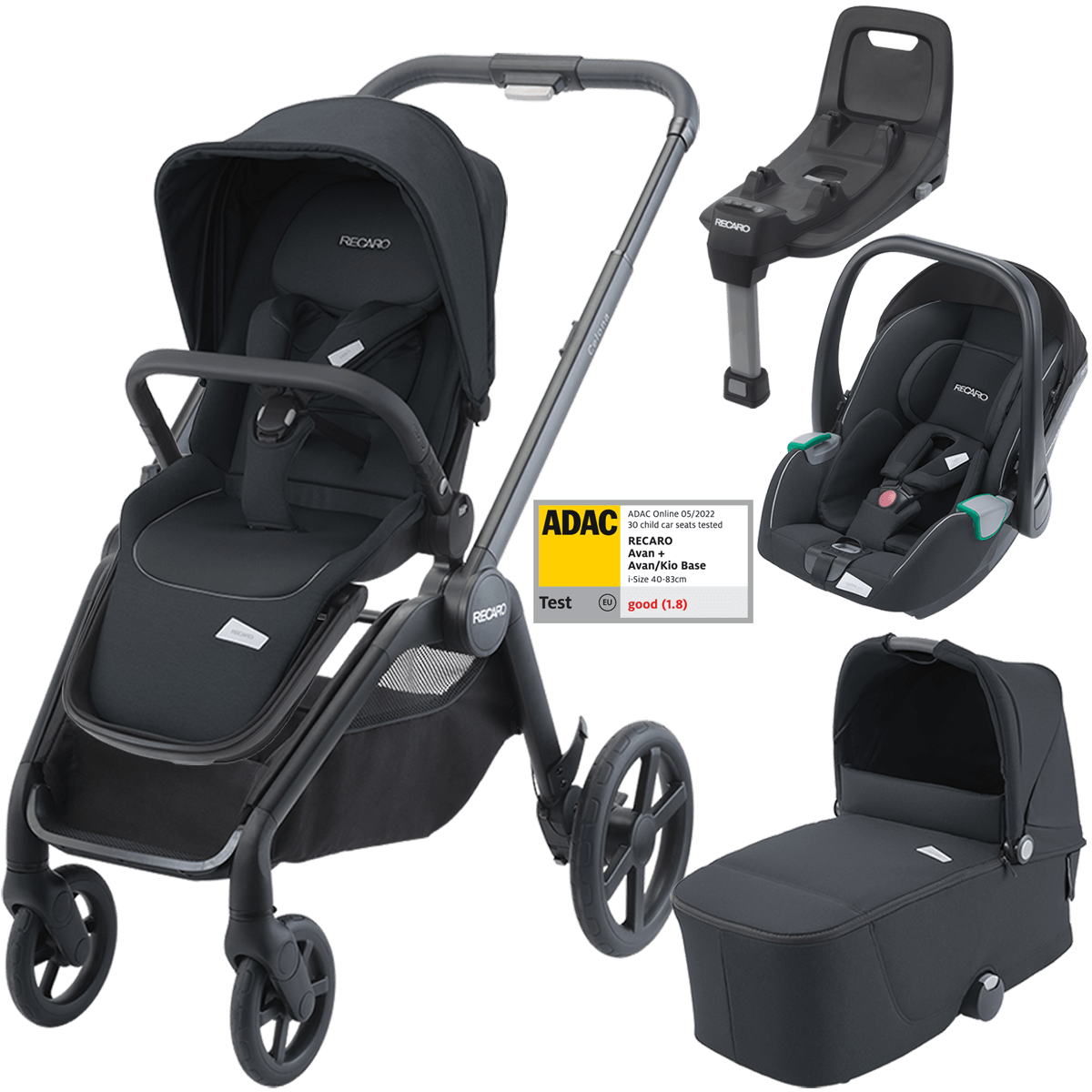 Otroški voziček 4v1 RECARO Celona + lupinica Avan + Isofix [Mat Black]