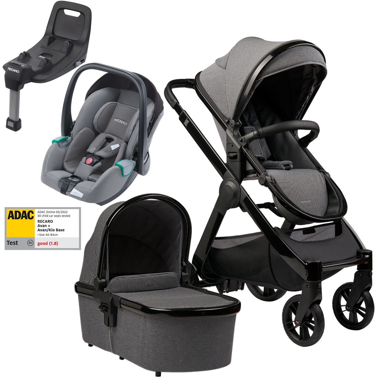 Otroški voziček 4v1 Bababing Raffi Anthra Grey + RECARO Avan + Isofix