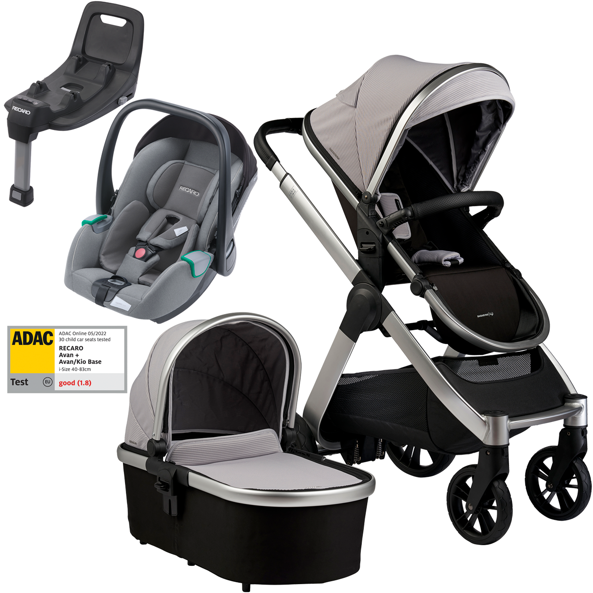 Otroški voziček 4v1 Bababing Raffi Vapour Grey + RECARO Avan + Isofix