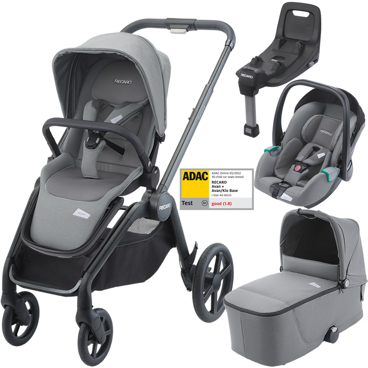 Otroški voziček 4v1 RECARO Celona + lupinica Avan + Isofix [Silent Grey]