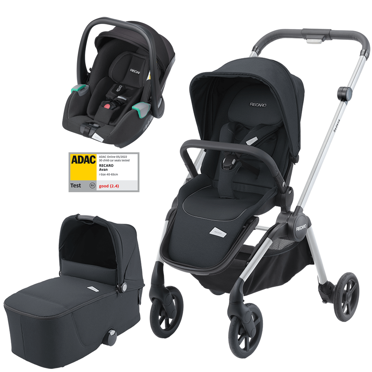 Otroški voziček 3v1 RECARO Sadena + lupinica Avan [Mat Black]