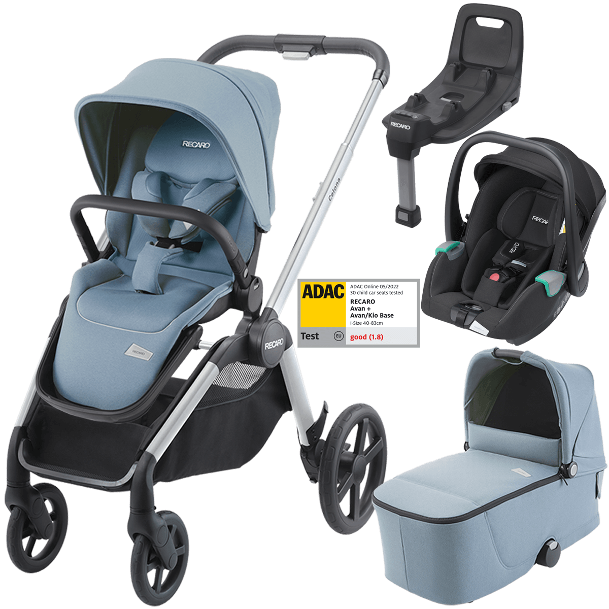 Otroški voziček 4v1 RECARO Celona + lupinica Avan + Isofix [Frozen Blue]