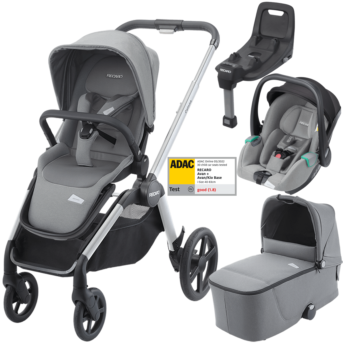 Otroški voziček 4v1 RECARO Celona + lupinica Avan + Isofix [Silent Grey]