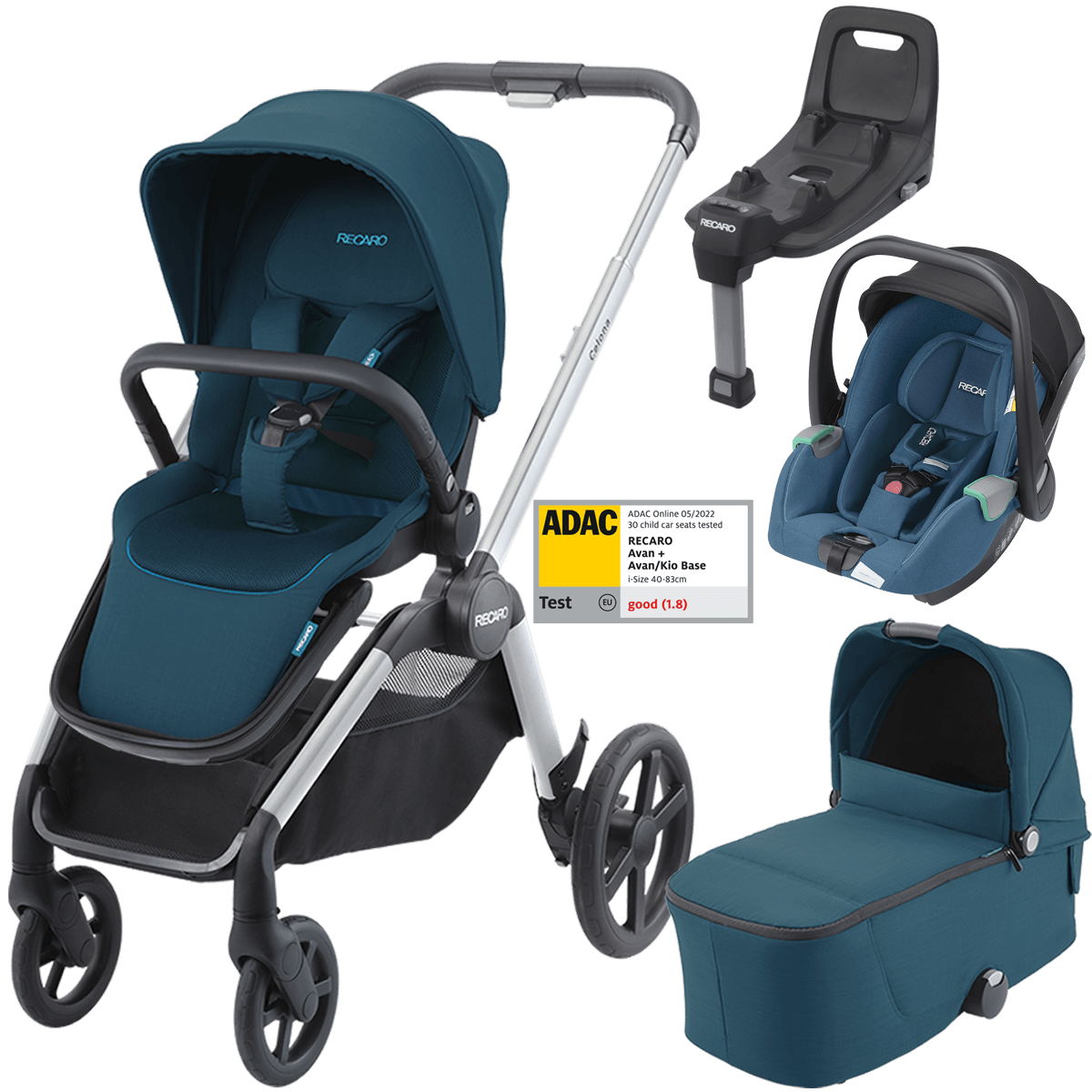 Otroški voziček 4v1 RECARO Celona + lupinica Avan + Isofix [Teal Green]